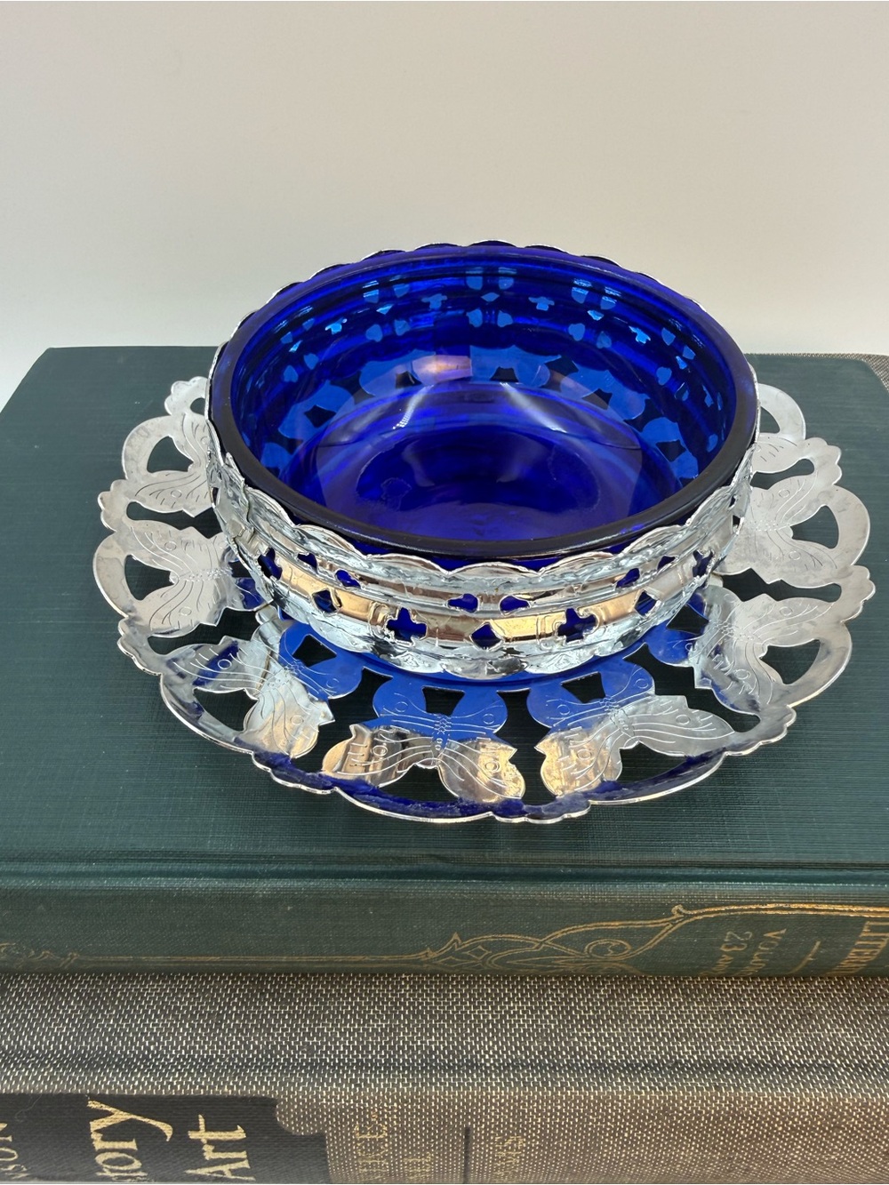 Vintage Cobalt Blue Glass Bowl with Butterfly Metal Stand